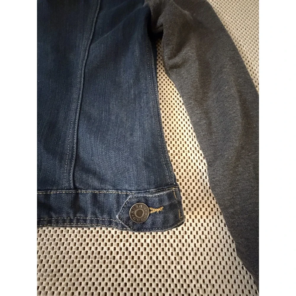 GUESS Jean Jacket Sz S/XS Denim Knit Sleeves Hood Hoodie Y2K Trucker Moto Y2K